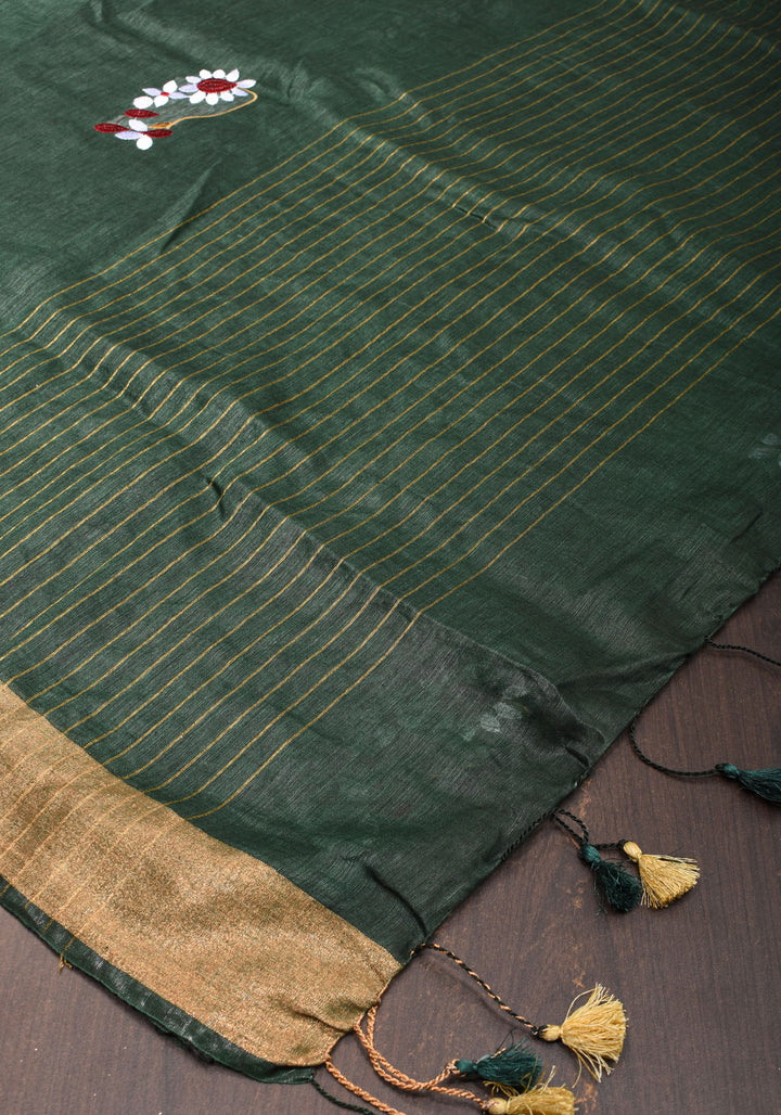 Pre order Hunter Green Silk Linen Saree with Moti Nath Embroidery,Woven zari Borders and Long Tassels