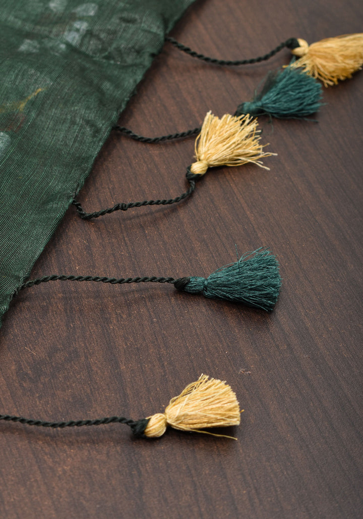 Pre order Hunter Green Silk Linen Saree with Moti Nath Embroidery,Woven zari Borders and Long Tassels