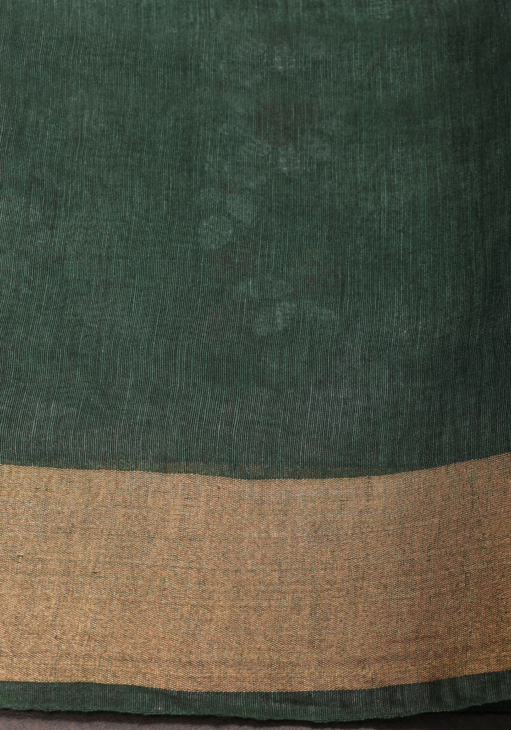 Pre order Hunter Green Silk Linen Saree with Moti Nath Embroidery,Woven zari Borders and Long Tassels
