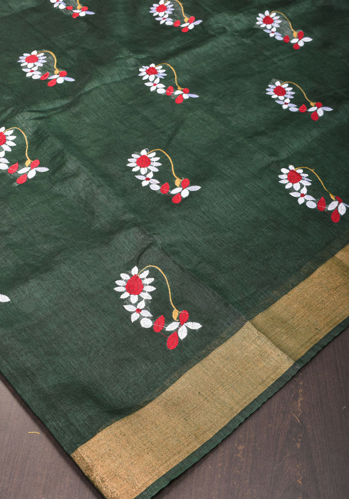 Pre order Hunter Green Silk Linen Saree with Moti Nath Embroidery,Woven zari Borders and Long Tassels