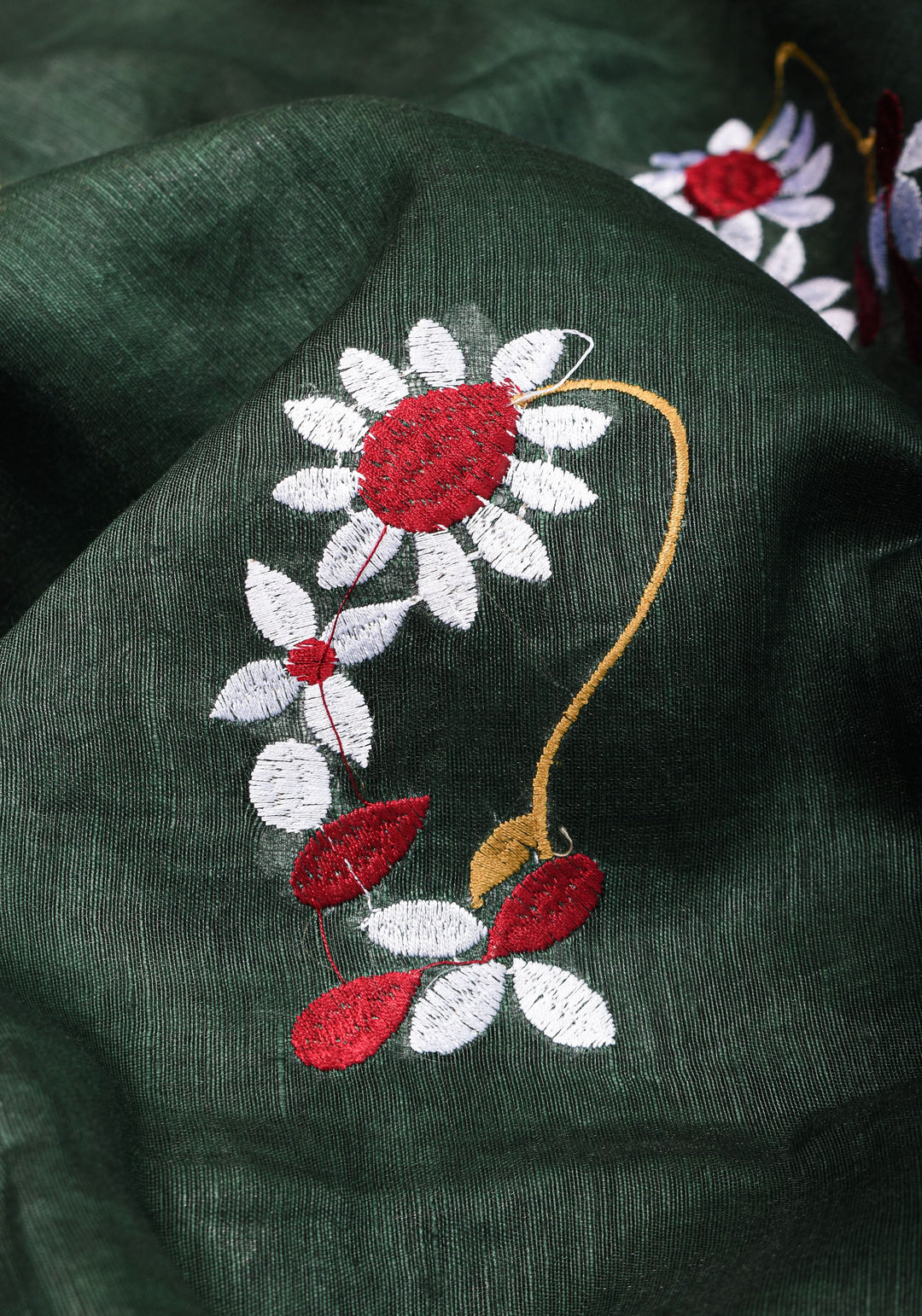 Hunter Green Silk Linen Saree with Moti Nath Embroidery,Woven zari Borders and Long Tassels | SHOBITAM