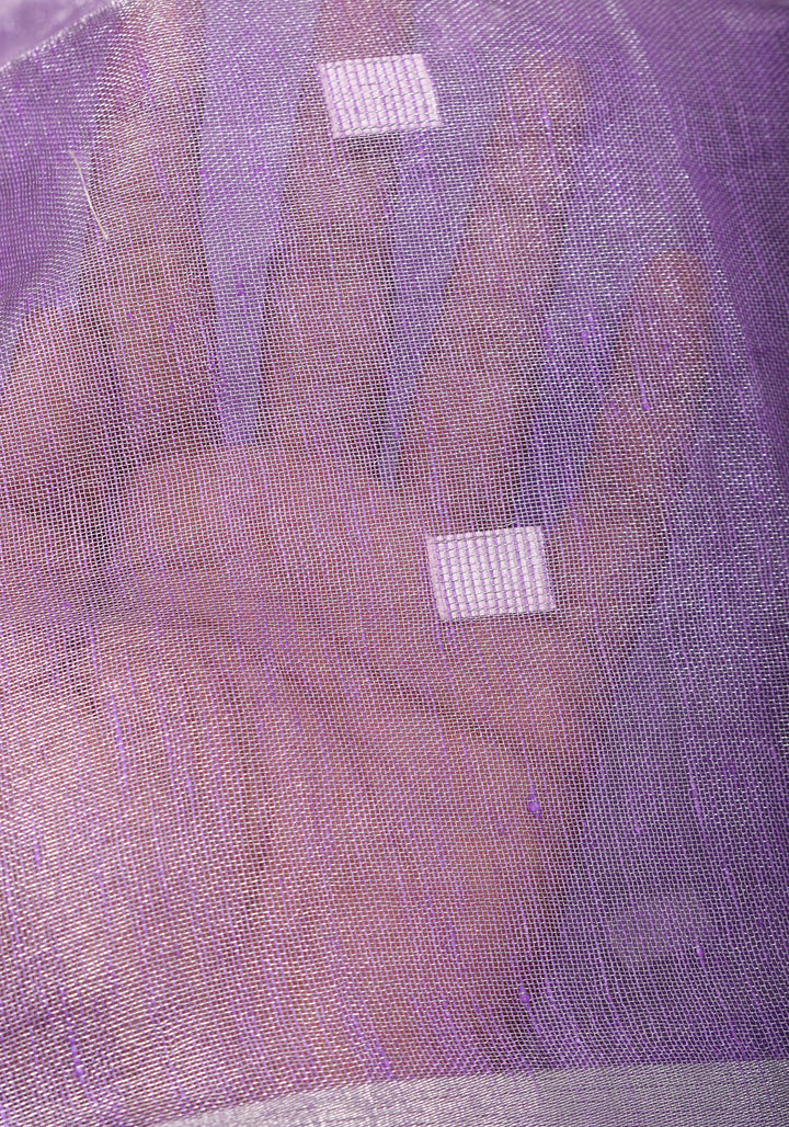 Lavender Hued Tissue Linen Saree with silver zari borders and long tassels!