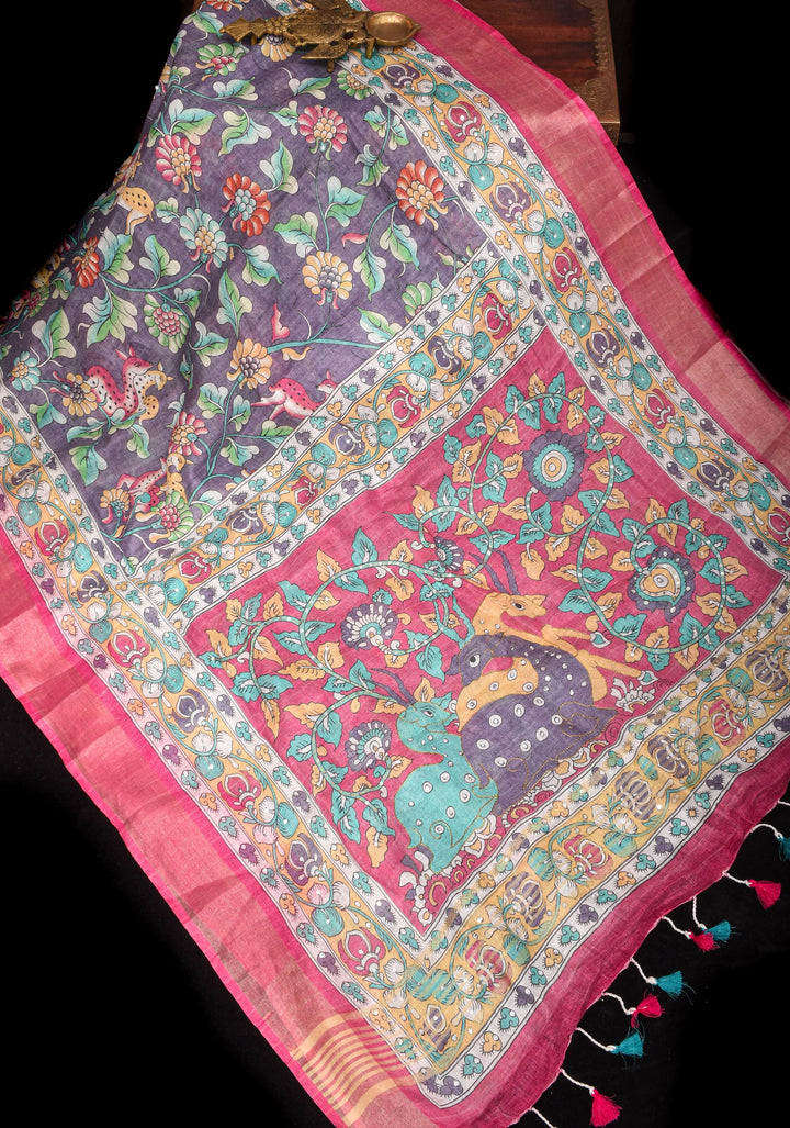 Distressed Print Kalamkari Linen Saree with Hand Sequin Work