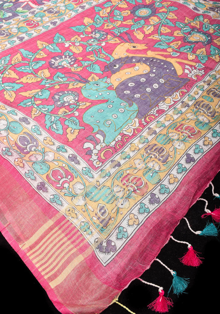 Distressed Print Kalamkari Linen Saree with Hand Sequin Work