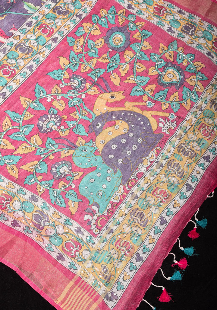 Distressed Print Kalamkari Linen Saree with Hand Sequin Work