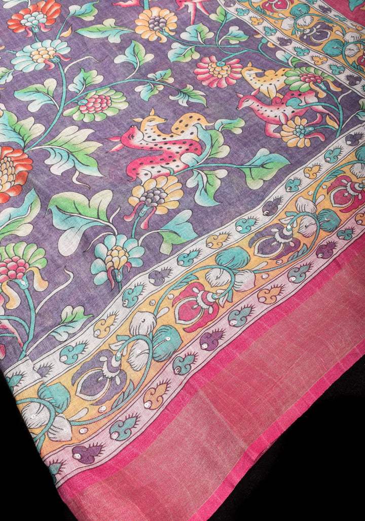 Distressed Print Kalamkari Linen Saree with Hand Sequin Work