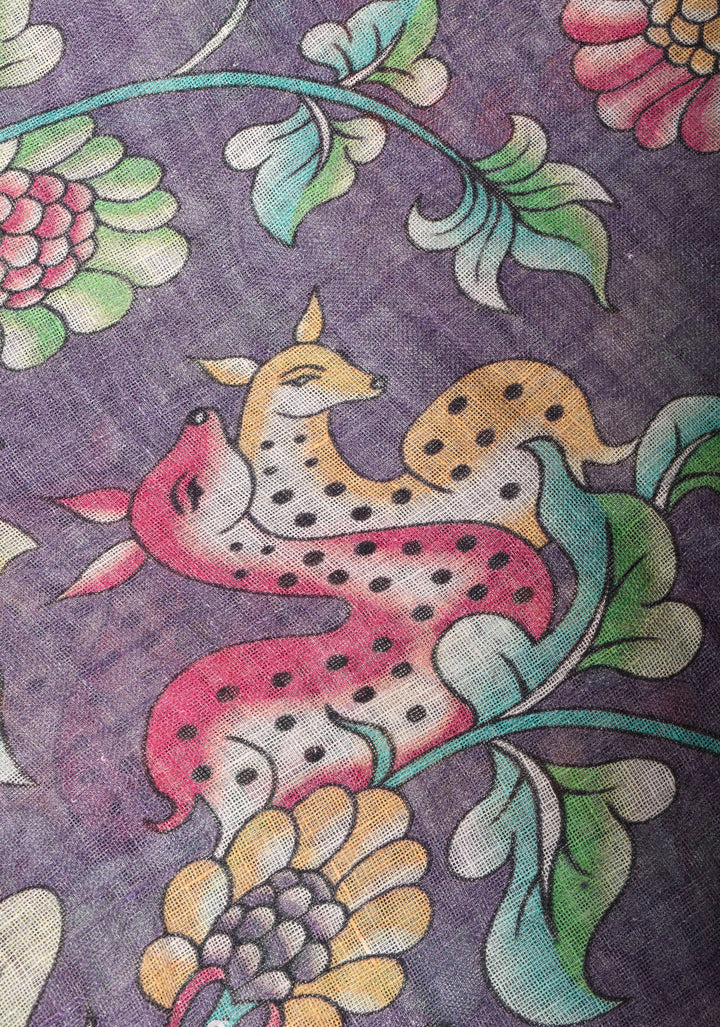 Distressed Print Kalamkari Linen Saree with Hand Sequin Work