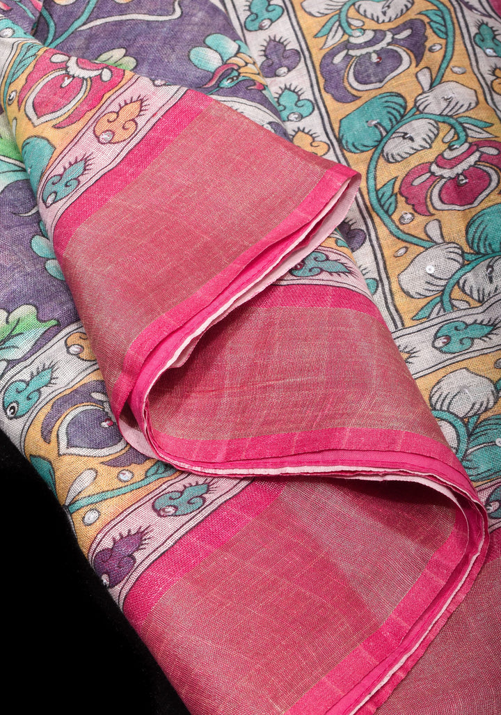 Distressed Print Kalamkari Linen Saree with Hand Sequin Work