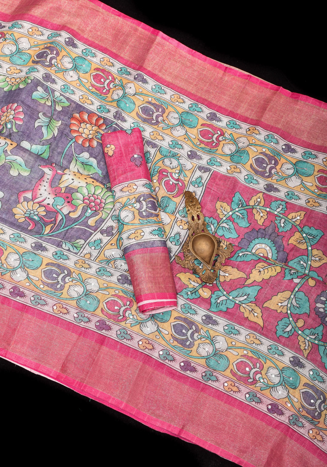 Distressed Print Kalamkari Linen Saree with Hand Sequin Work