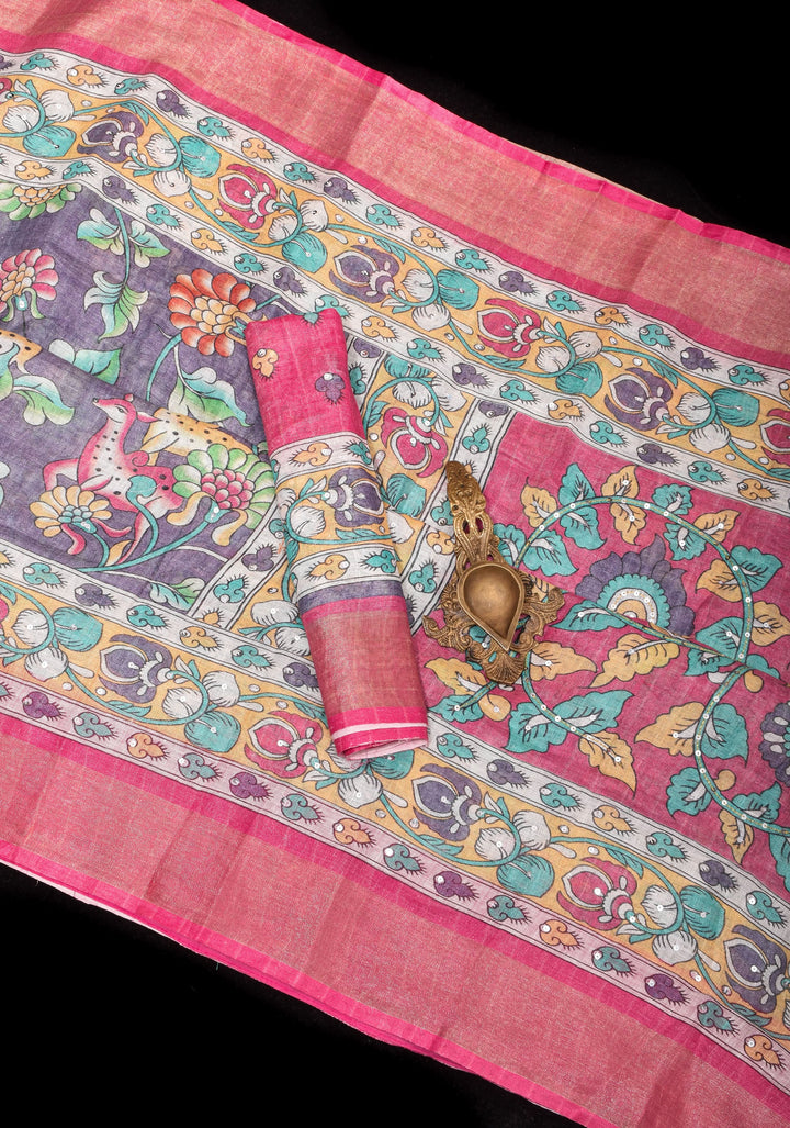 Distressed Print Kalamkari Linen Saree with Hand Sequin Work