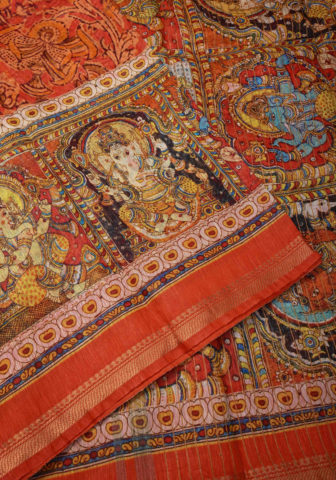 Ashta Ganapathi Kalamkari Digital Print Silk Linen Saree in Orange