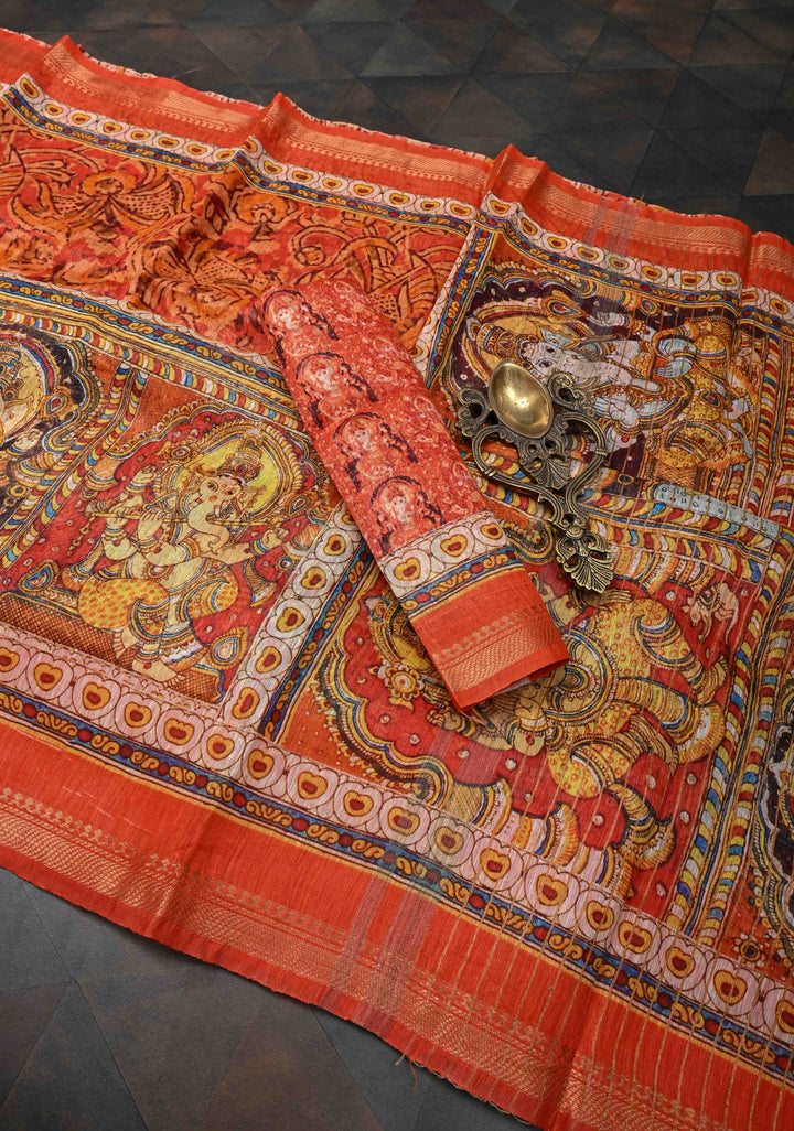 Ashta Ganapathi Kalamkari Digital Print Silk Linen Saree in Orange