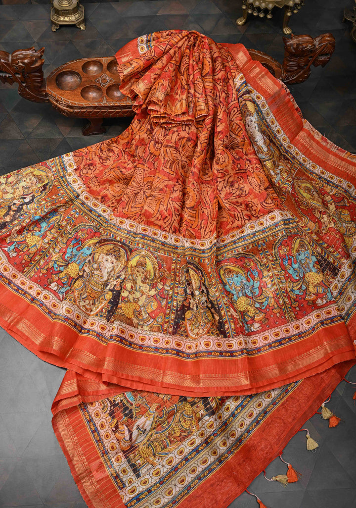 Ashta Ganapathi Kalamkari Digital Print Silk Linen Saree in Orange