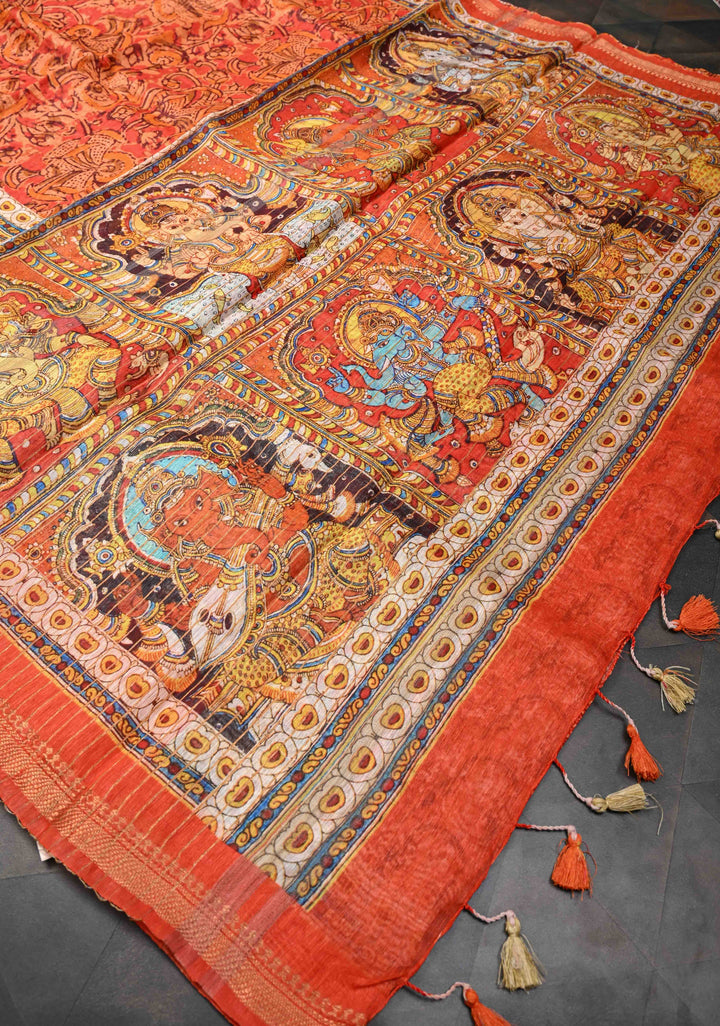 Ashta Ganapathi Kalamkari Digital Print Silk Linen Saree in Orange