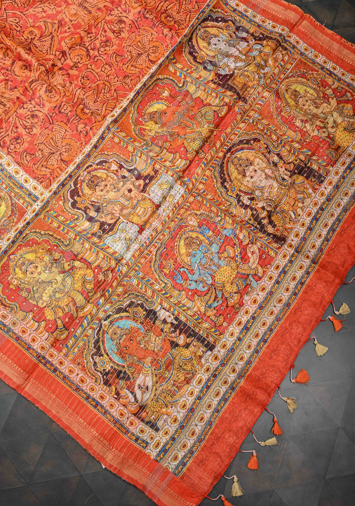 Ashta Ganapathi Kalamkari Digital Print Silk Linen Saree in Orange