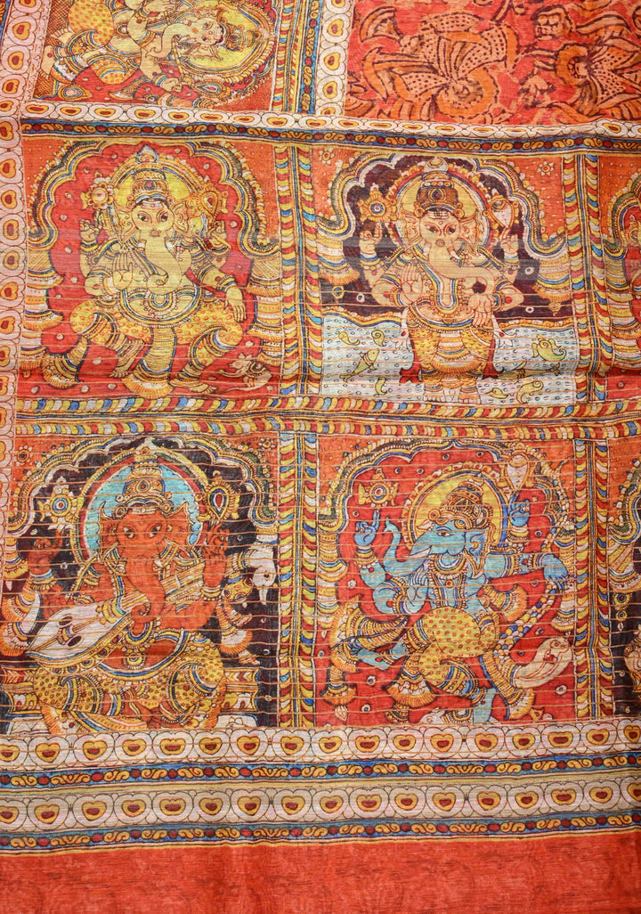 Ashta Ganapathi Kalamkari Digital Print Silk Linen Saree in Orange