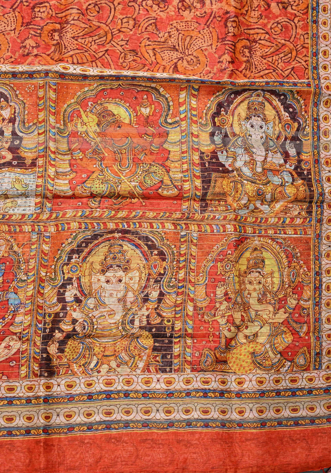 Ashta Ganapathi Kalamkari Digital Print Silk Linen Saree in Orange