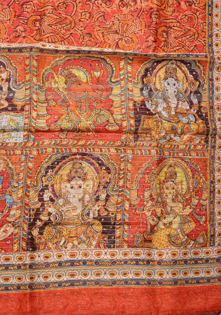 Ashta Ganapathi Kalamkari Digital Print Silk Linen Saree in Orange