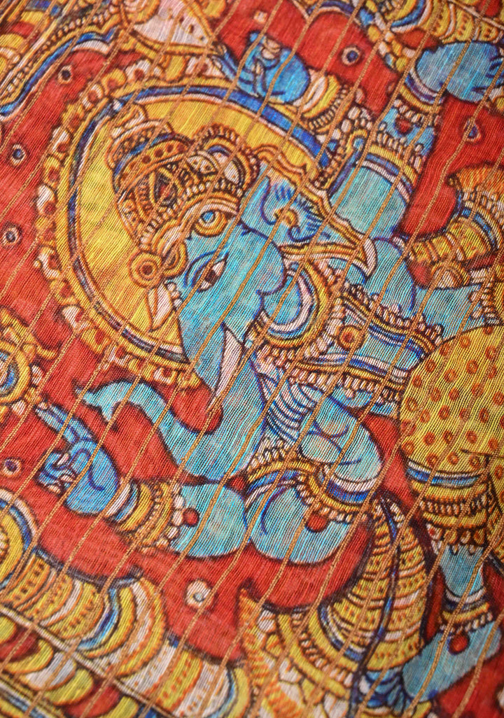 Ashta Ganapathi Kalamkari Digital Print Silk Linen Saree in Orange