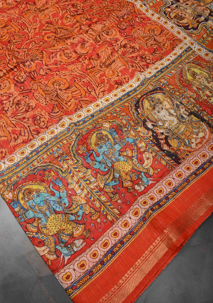 Ashta Ganapathi Kalamkari Digital Print Silk Linen Saree in Orange