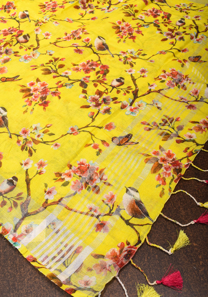 Vidya Balan Yellow Floral Linen Saree with Silver Border | Shobitam Saree
