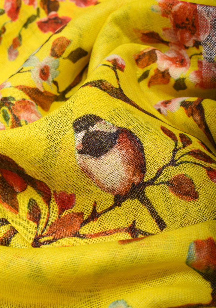 Vidya Balan Yellow Floral Linen Saree with Silver Border | Shobitam Saree