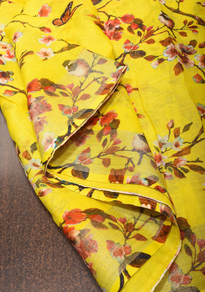 Vidya Balan Yellow Floral Linen Saree with Silver Border | Shobitam Saree