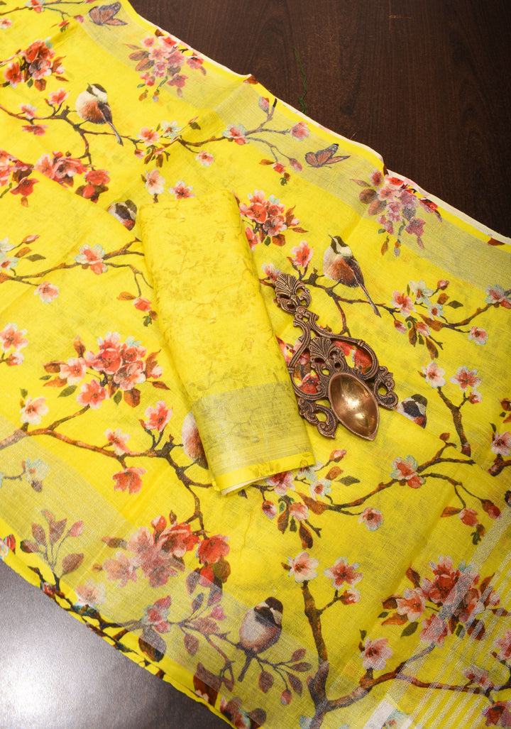 Vidya Balan Yellow Floral Linen Saree with Silver Border | Shobitam Saree