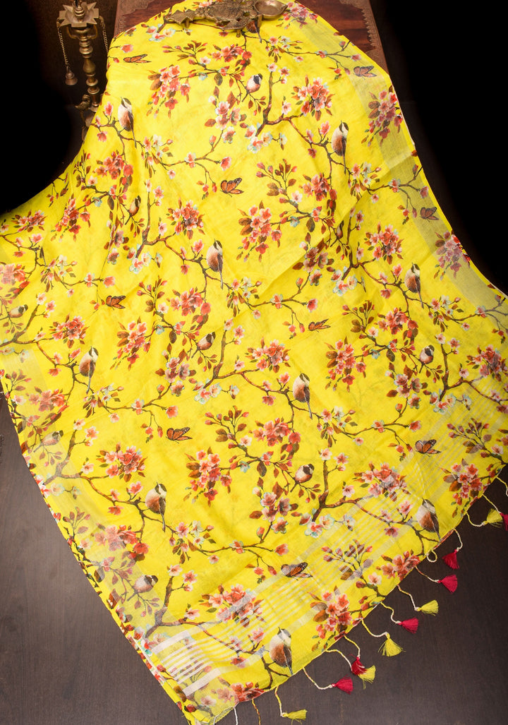 Vidya Balan Yellow Floral Linen Saree with Silver Border | Shobitam Saree