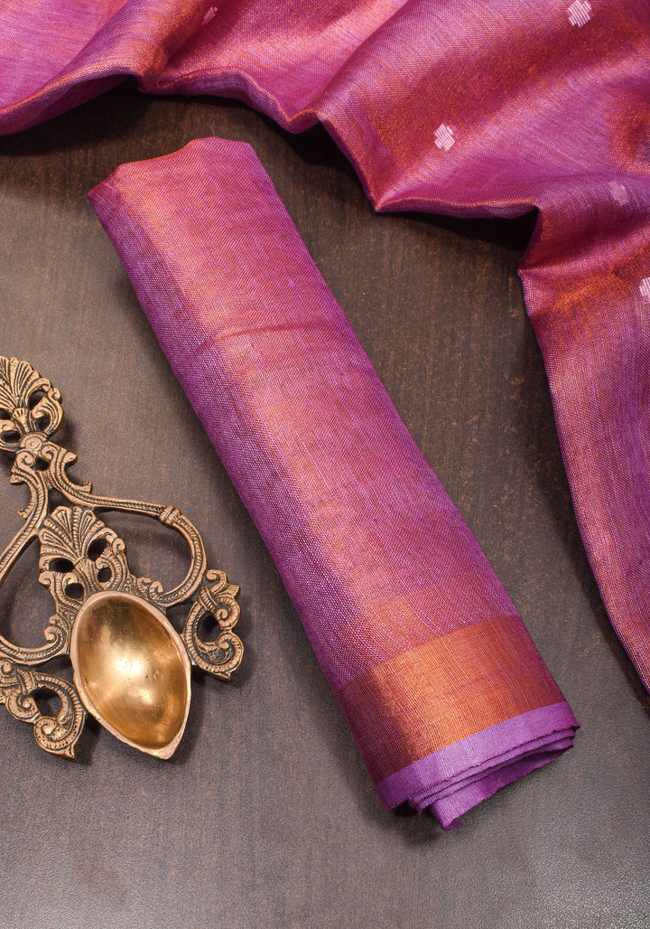 Amethyst Copper Tissue Stunning Tissue Linen Saree with Chunri Butis and Full Tissue Pallu!