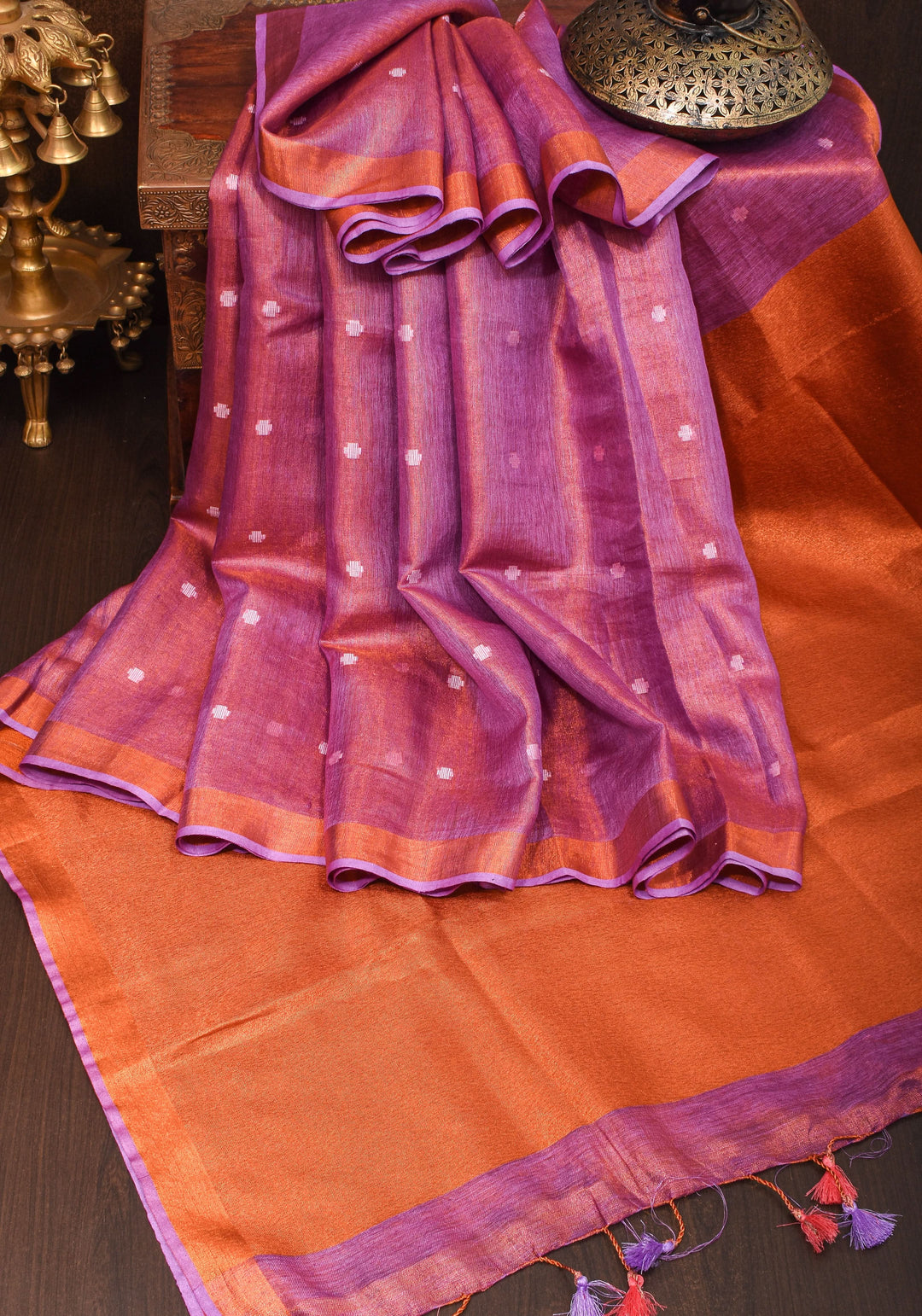 Amethyst Copper Tissue Stunning Tissue Linen Saree with Chunri Butis and Full Tissue Pallu | SHOBITAM