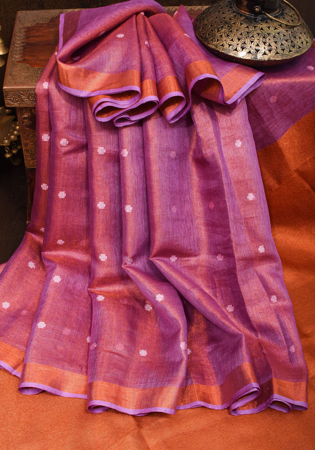 Amethyst Copper Tissue Stunning Tissue Linen Saree with Chunri Butis and Full Tissue Pallu | SHOBITAM