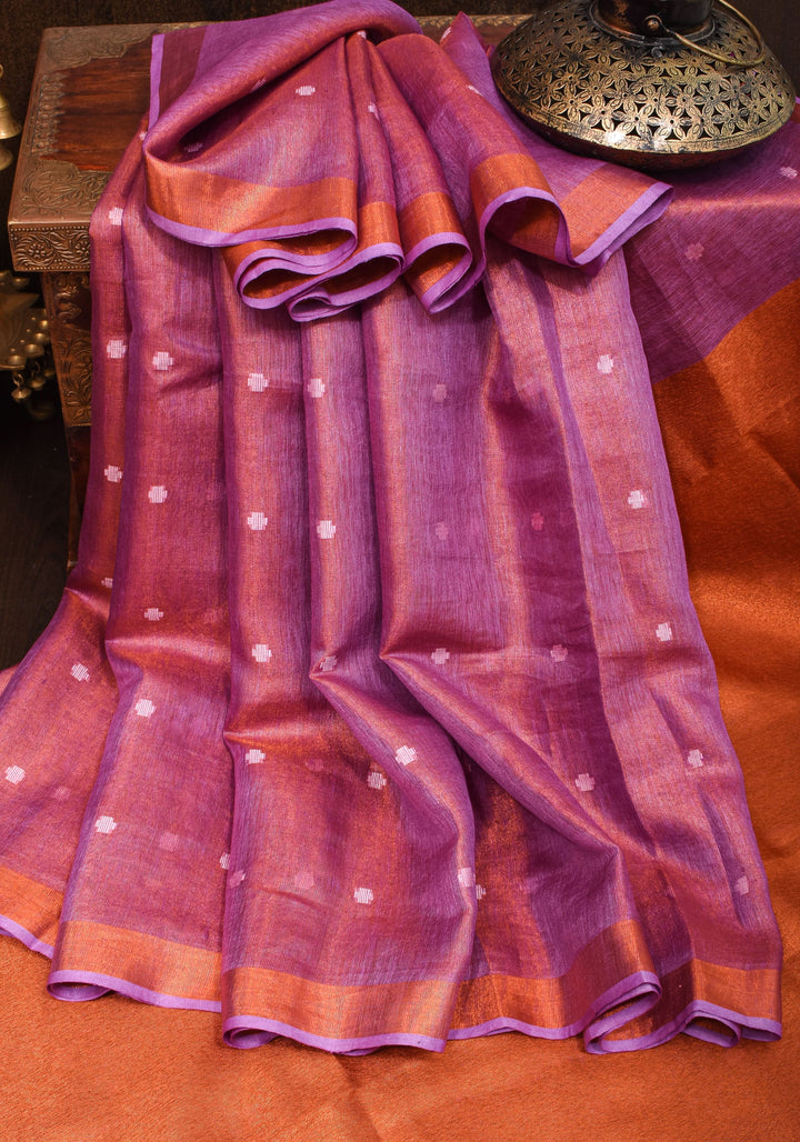 Amethyst Copper Tissue Stunning Tissue Linen Saree with Chunri Butis and Full Tissue Pallu | SHOBITAM