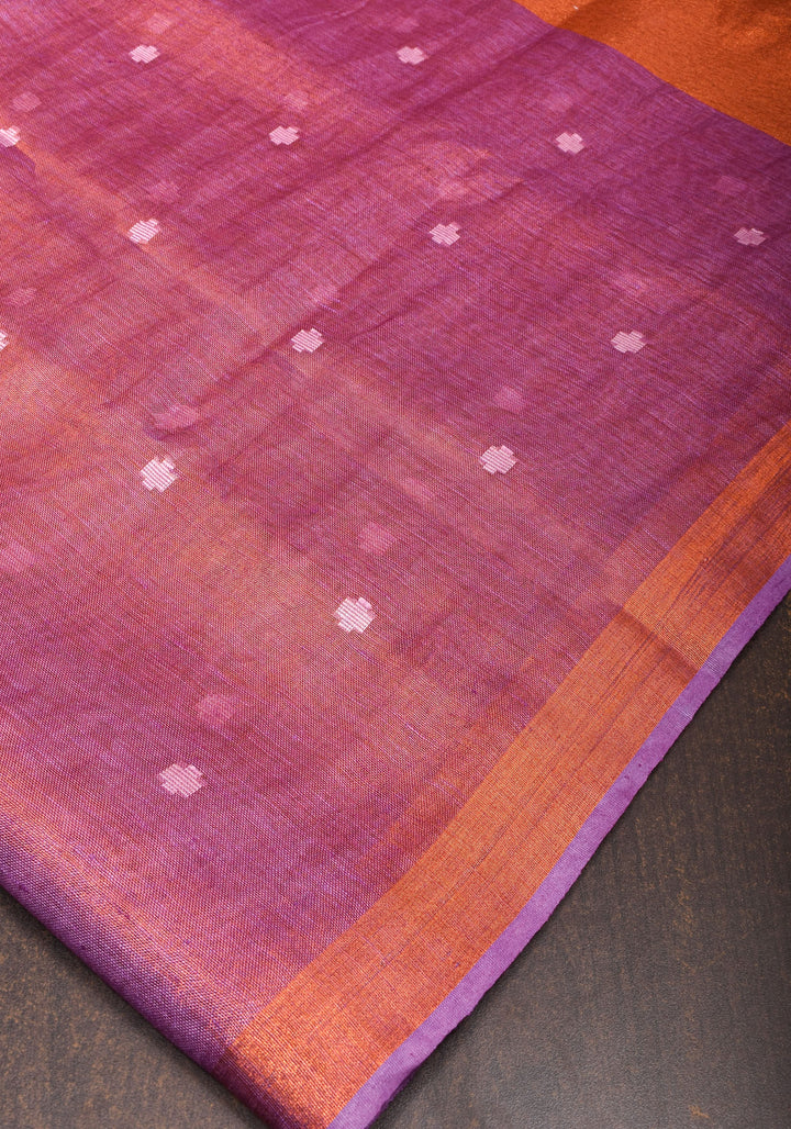 Amethyst Copper Tissue Stunning Tissue Linen Saree with Chunri Butis and Full Tissue Pallu | SHOBITAM