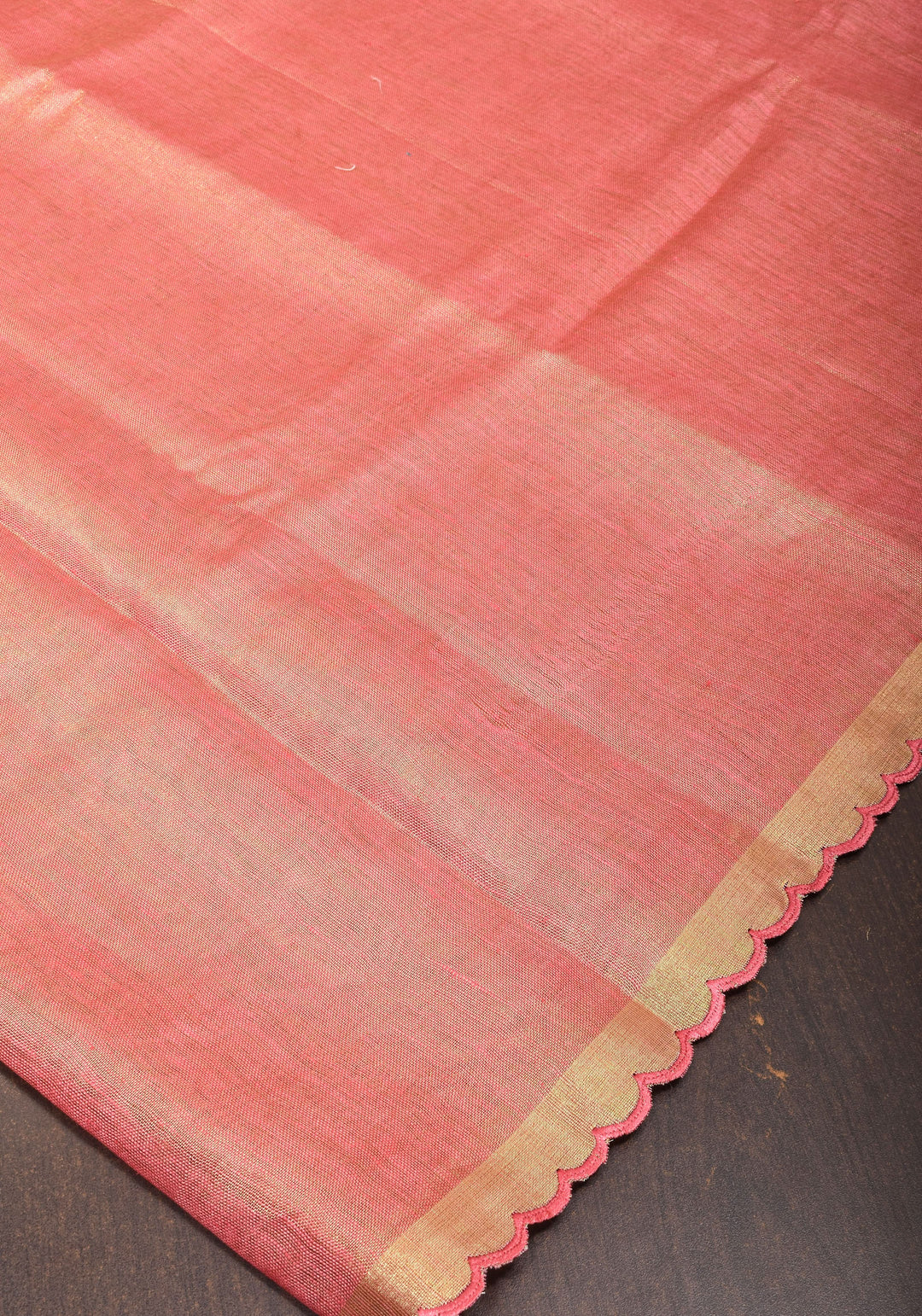 Pink tone Scalloped Tissue Linen Saree and golden border  | Shobitam Saree