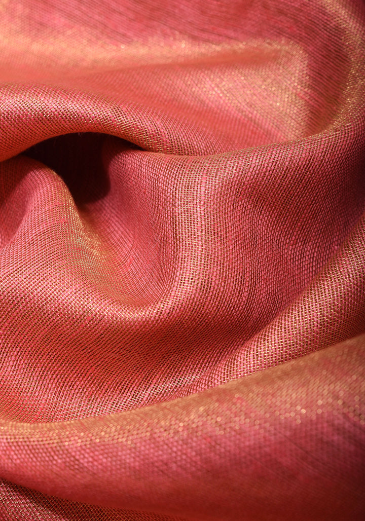 Pink tone Scalloped Tissue Linen Saree and golden border  | Shobitam Saree