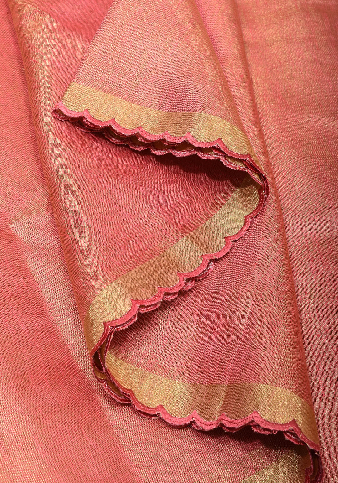 Pink tone Scalloped Tissue Linen Saree and golden border  | Shobitam Saree