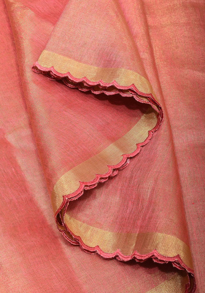 Pink tone Scalloped Tissue Linen Saree and golden border  | Shobitam Saree