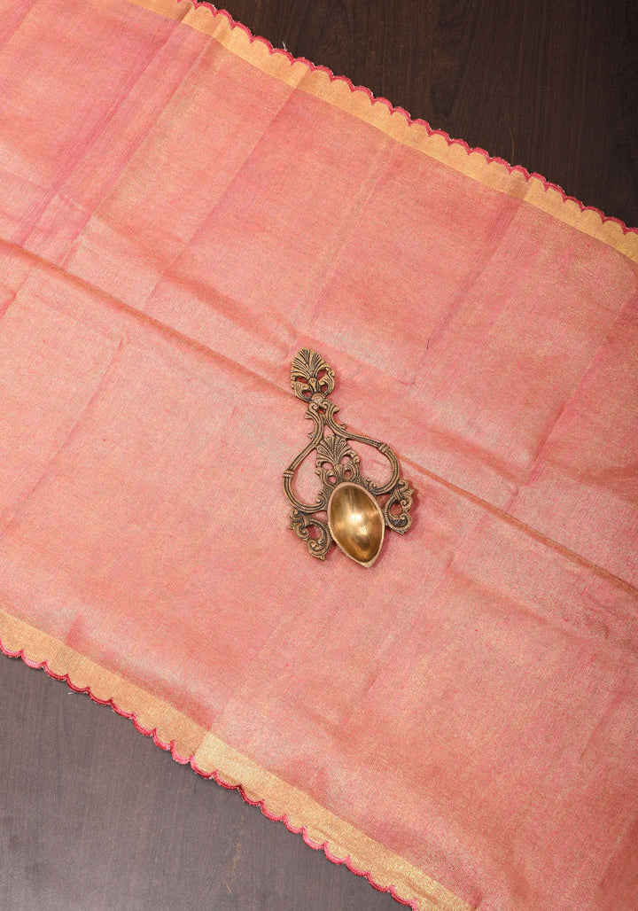Pink tone Scalloped Tissue Linen Saree and golden border  | Shobitam Saree