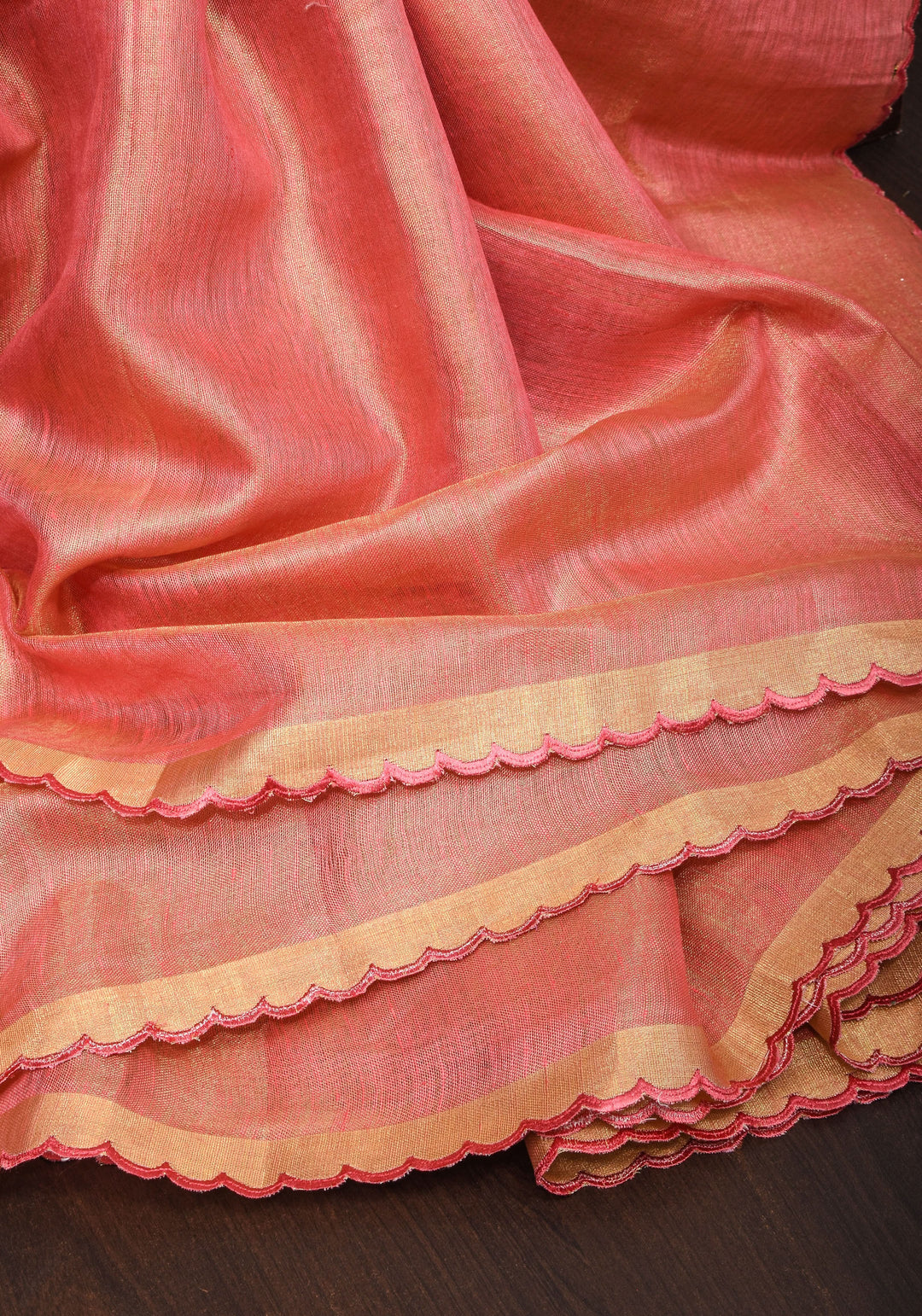 Pink tone Scalloped Tissue Linen Saree and golden border  | Shobitam Saree