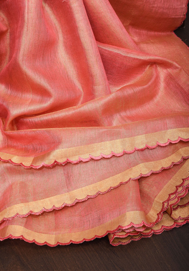 Pink tone Scalloped Tissue Linen Saree and golden border  | Shobitam Saree