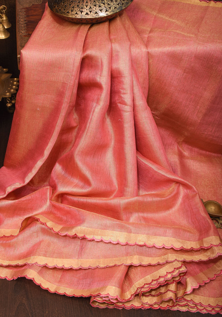 Pink tone Scalloped Tissue Linen Saree and golden border  | Shobitam Saree
