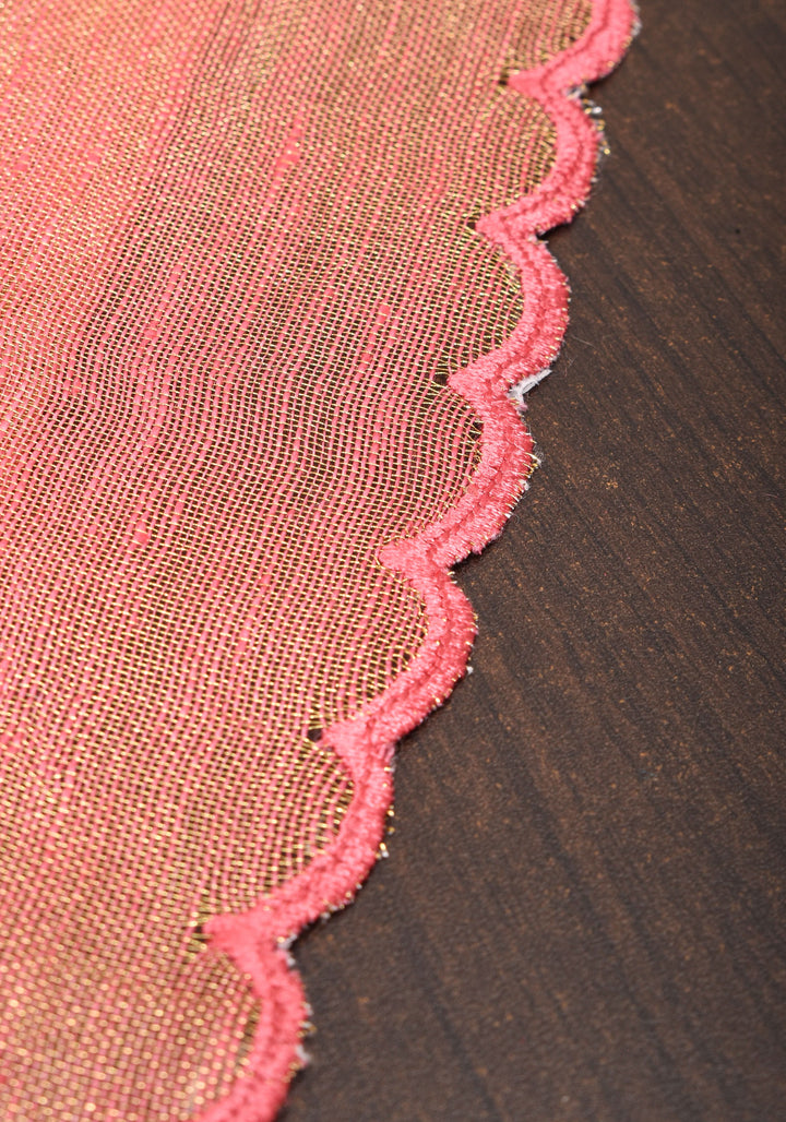 Pink tone Scalloped Tissue Linen Saree and golden border  | Shobitam Saree