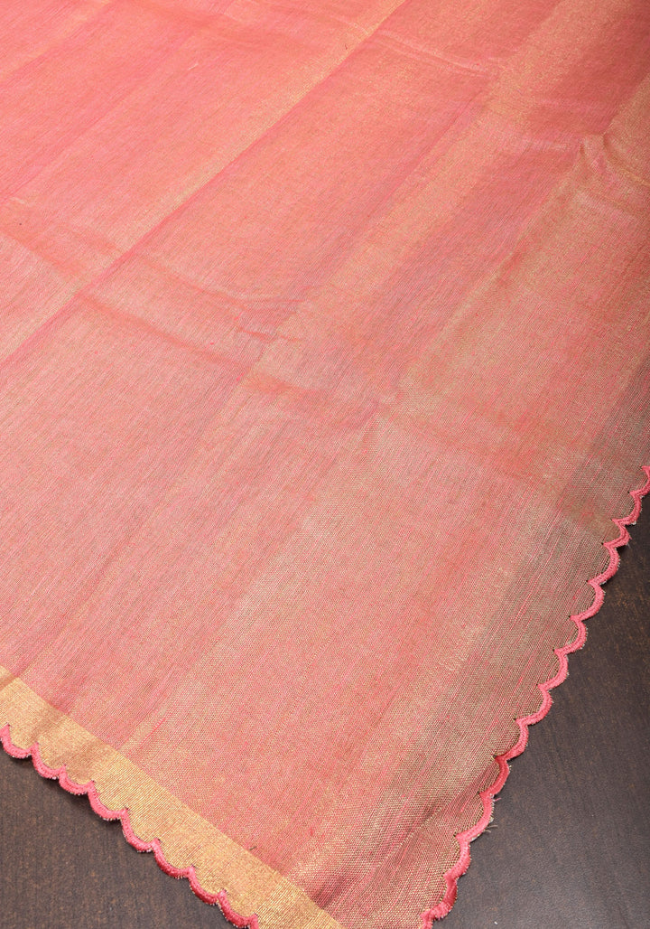 Pink tone Scalloped Tissue Linen Saree and golden border  | Shobitam Saree