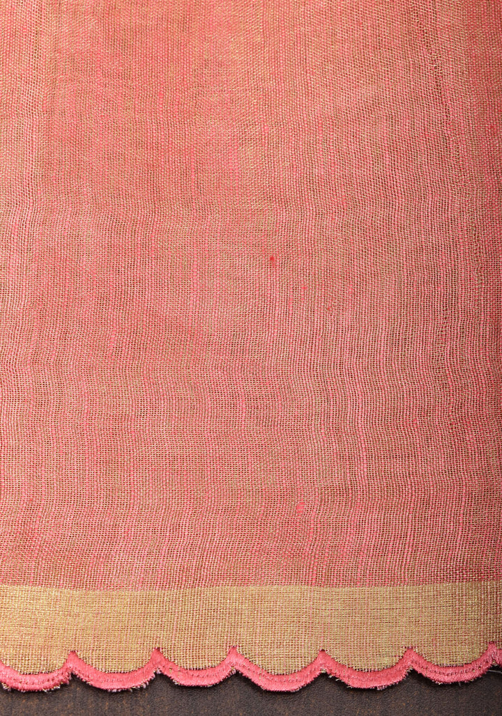 Pink tone Scalloped Tissue Linen Saree and golden border  | Shobitam Saree