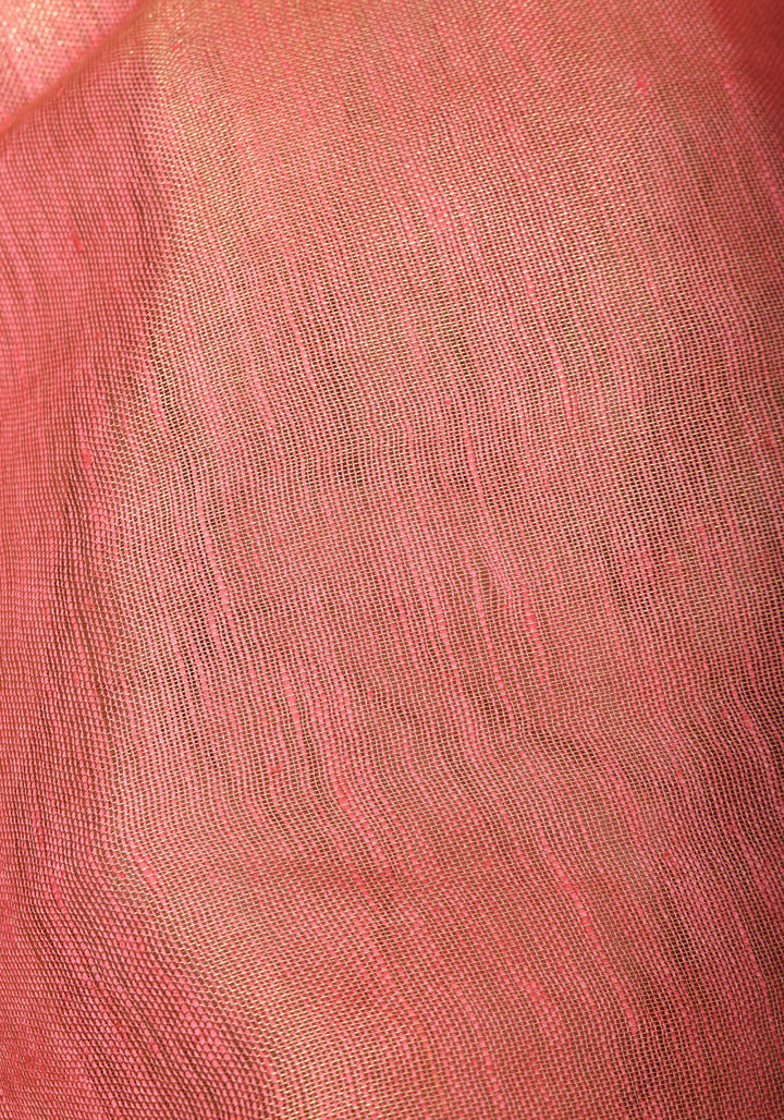 Pink tone Scalloped Tissue Linen Saree and golden border  | Shobitam Saree