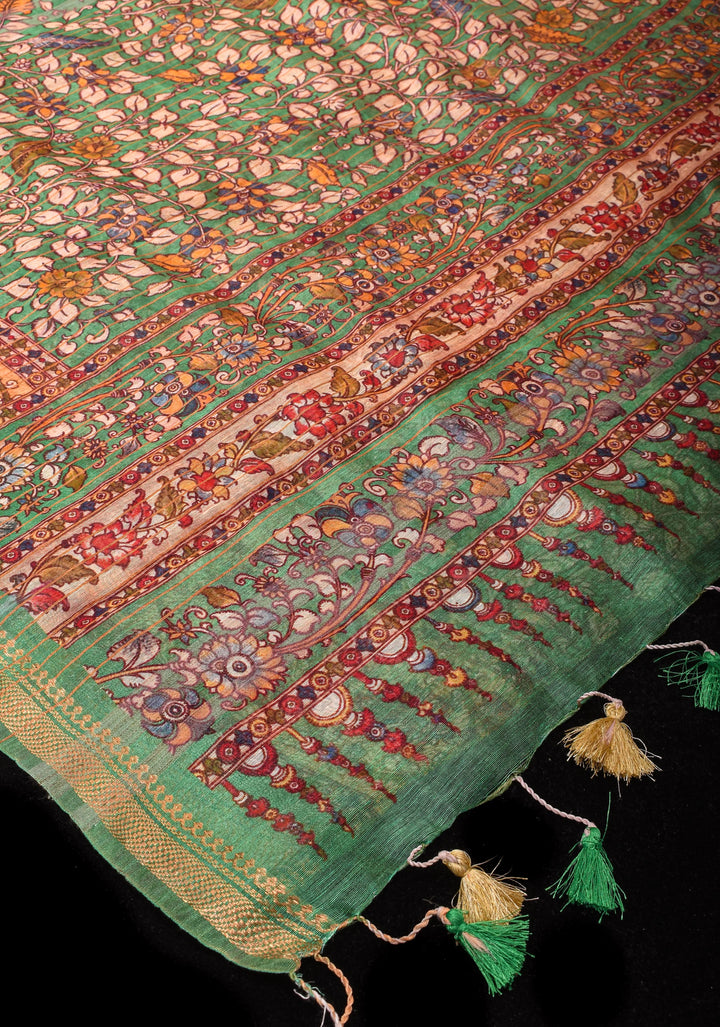 Distressed Kalamkari Digital Print on Silk Linen in Green
