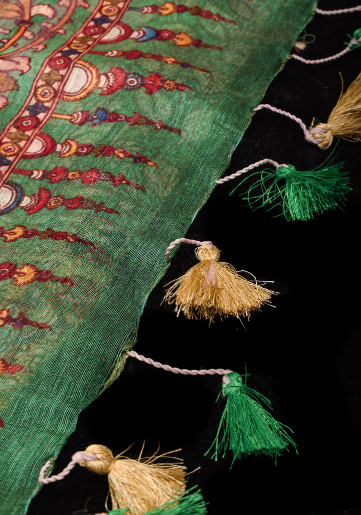 Distressed Kalamkari Digital Print on Silk Linen in Green