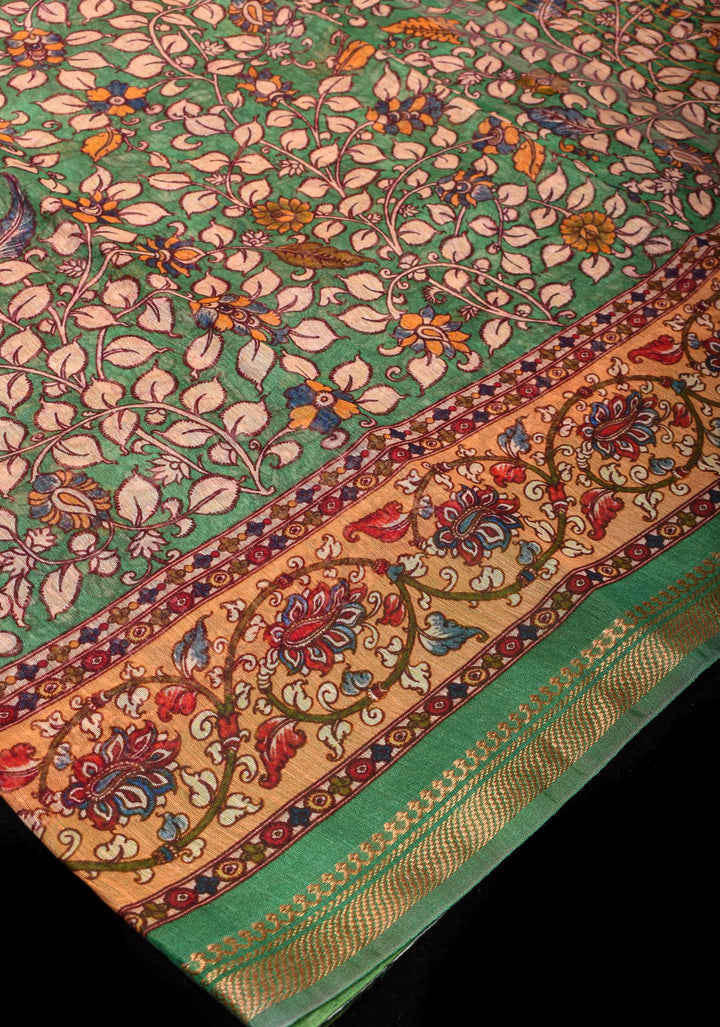 Distressed Kalamkari Digital Print on Silk Linen in Green