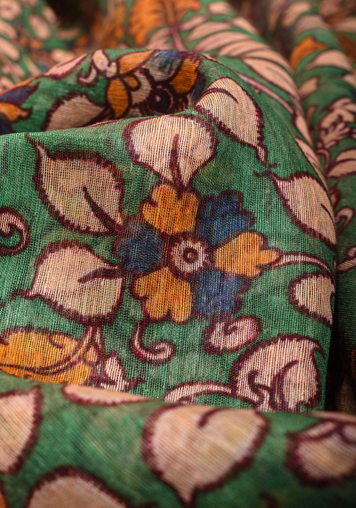 Distressed Kalamkari Digital Print on Silk Linen in Green